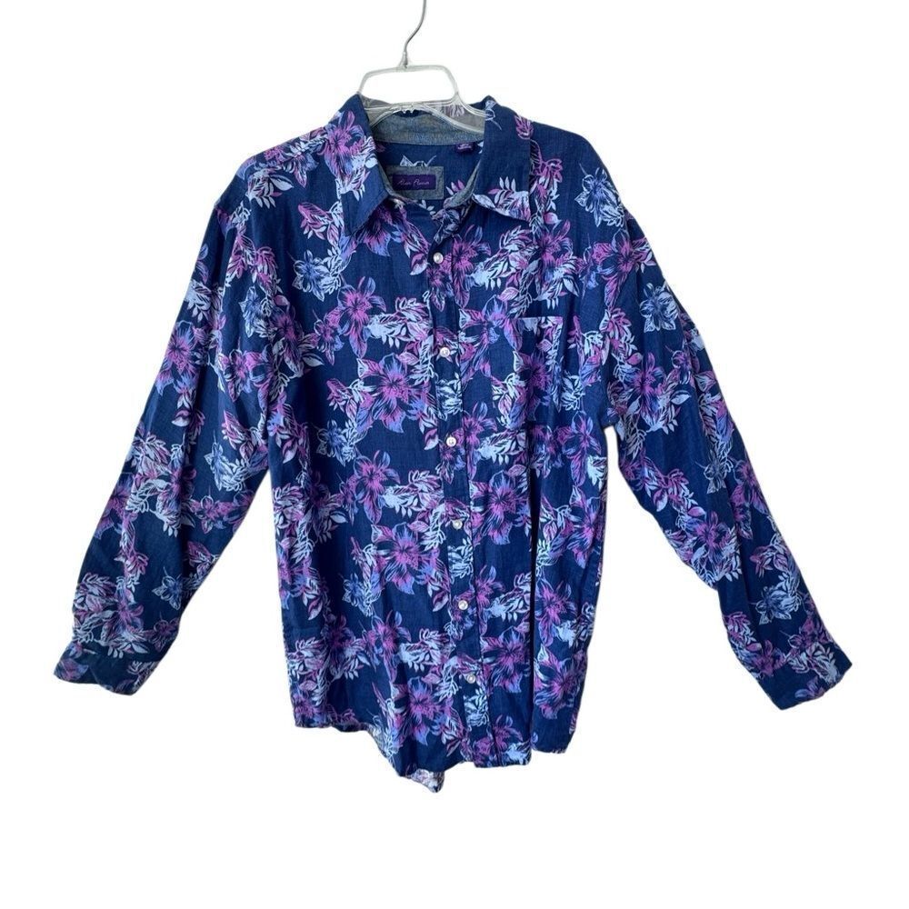 Alan Flusser Mens Dress Shirt Blue Floral Cotton Linen SZ XL